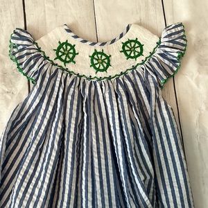 Seersucker stripe Ship Wheel smocked long dress